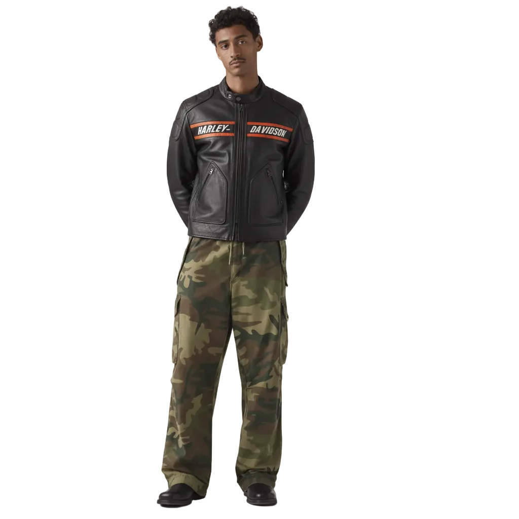 Man wearing black Harley-Davidson leather motorcycle jacket with camouflage cargo pants