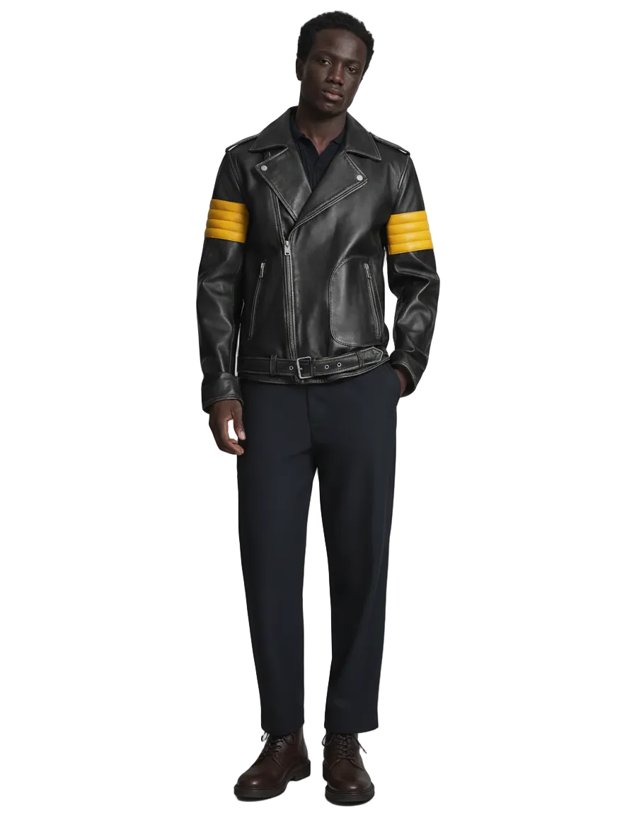 Black leather biker jacket with yellow stripes, paired with dark pants and brown boots