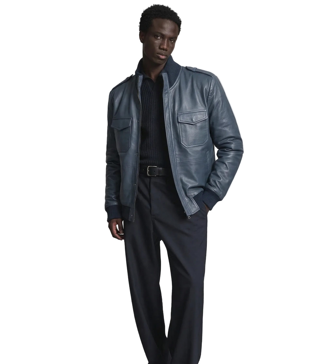 Man wearing stylish navy blue leather jacket with ribbed collar and front pockets, paired with dark pants.