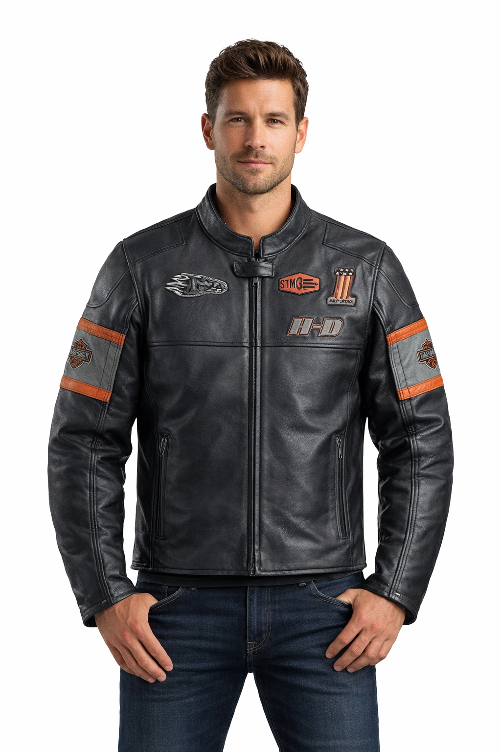 mens black leather motorcycle jacket front view on bike