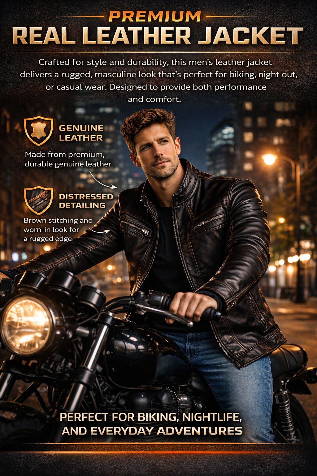 premium genuine leather jacket with distressed stitching detail
