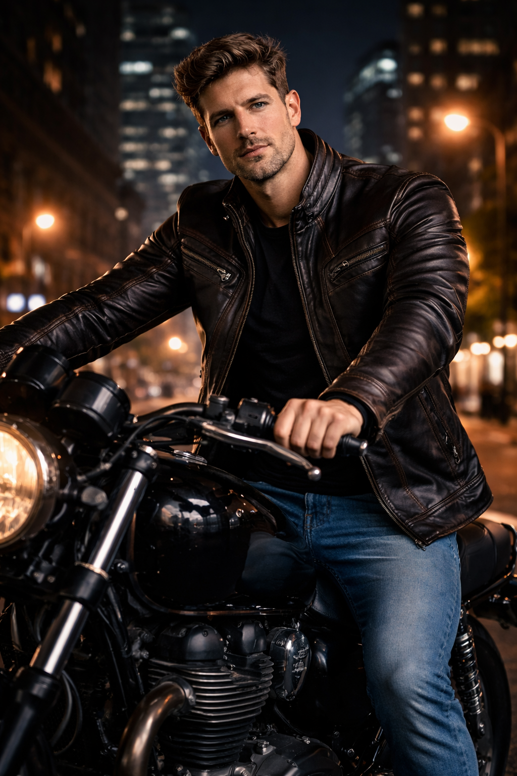 man wearing brown leather motorcycle jacket riding bike at night