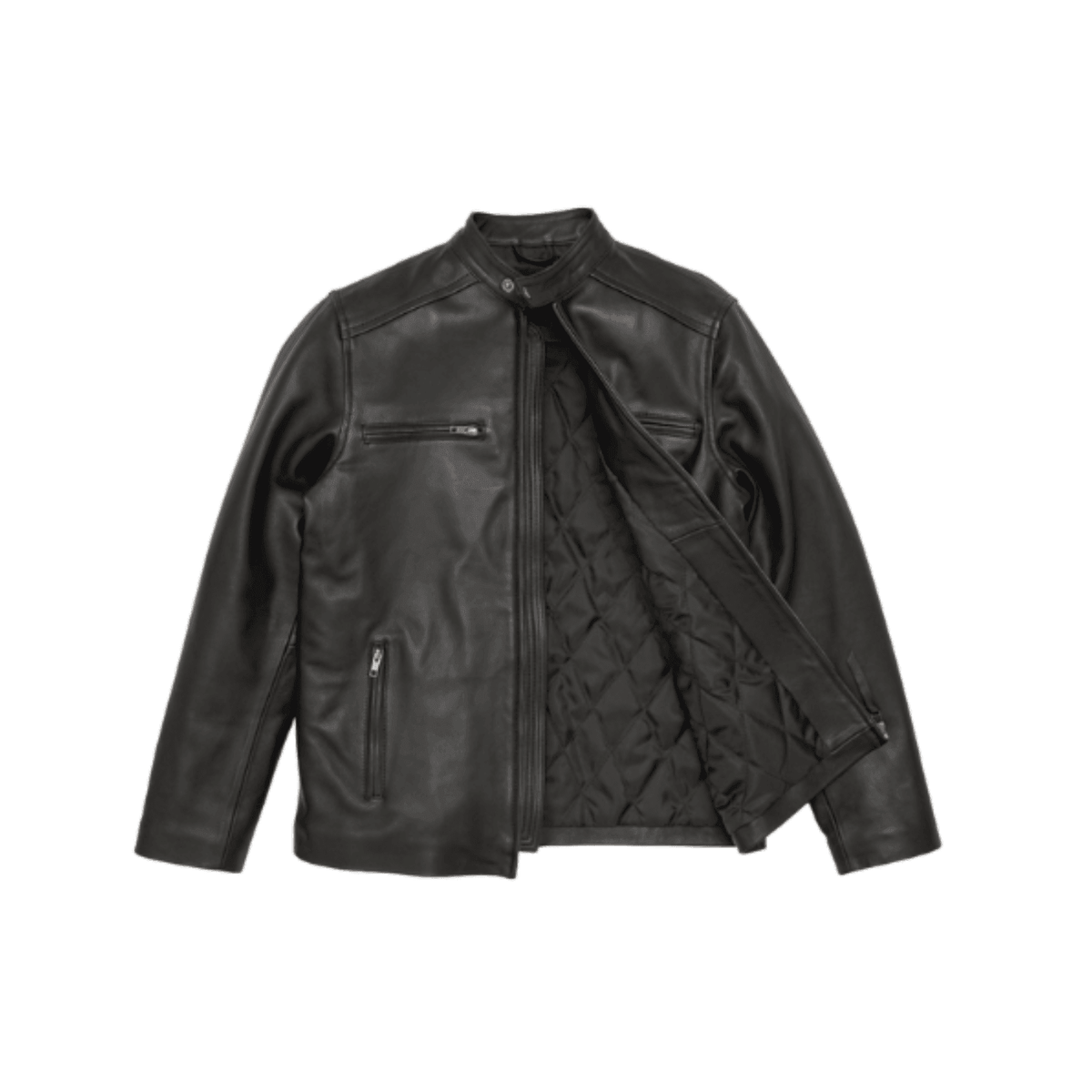 Black leather motorcycle jacket with quilted lining and zip pockets, stylish men's outerwear