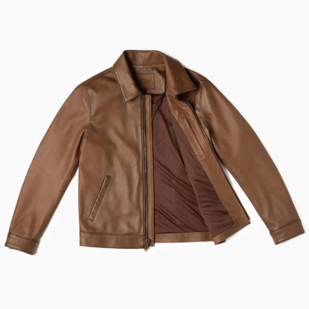 Brown leather bomber jacket with zip closure and side pockets, ideal for casual men's wear