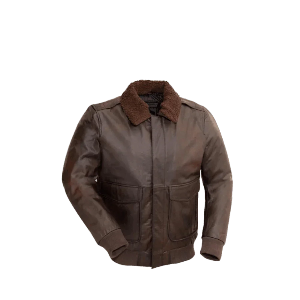 Brown leather bomber jacket with shearling collar and front pockets, ideal for men's winter wear