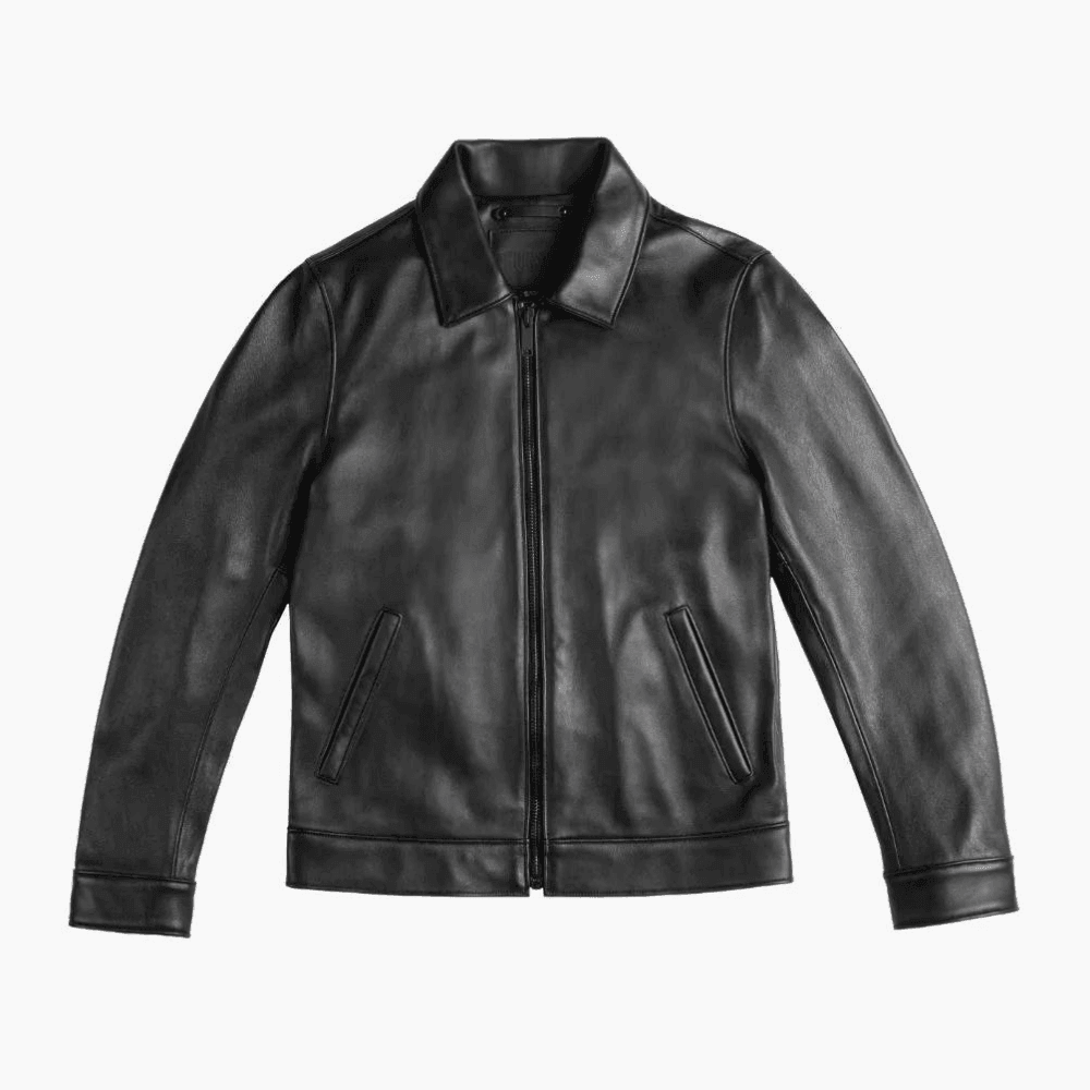 Black leather bomber jacket with zip front and side pockets, sleek men's outerwear style