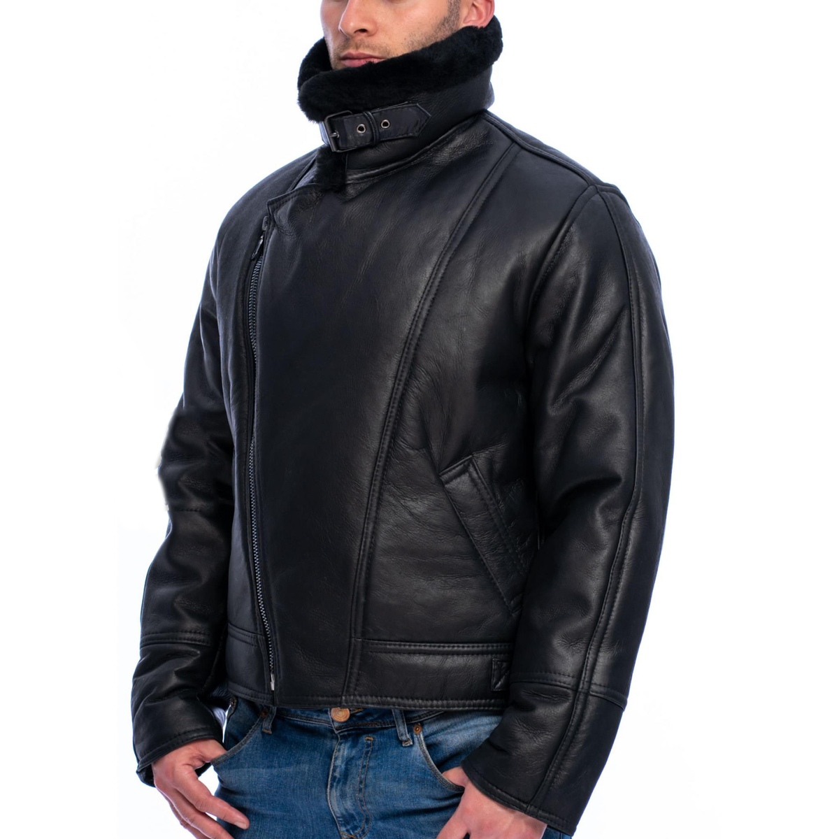 Jorde Calf Men's Classic Luxury Shearling Fur Raf Aviator Rust Sheepskin Leather Flying Jacket For men.