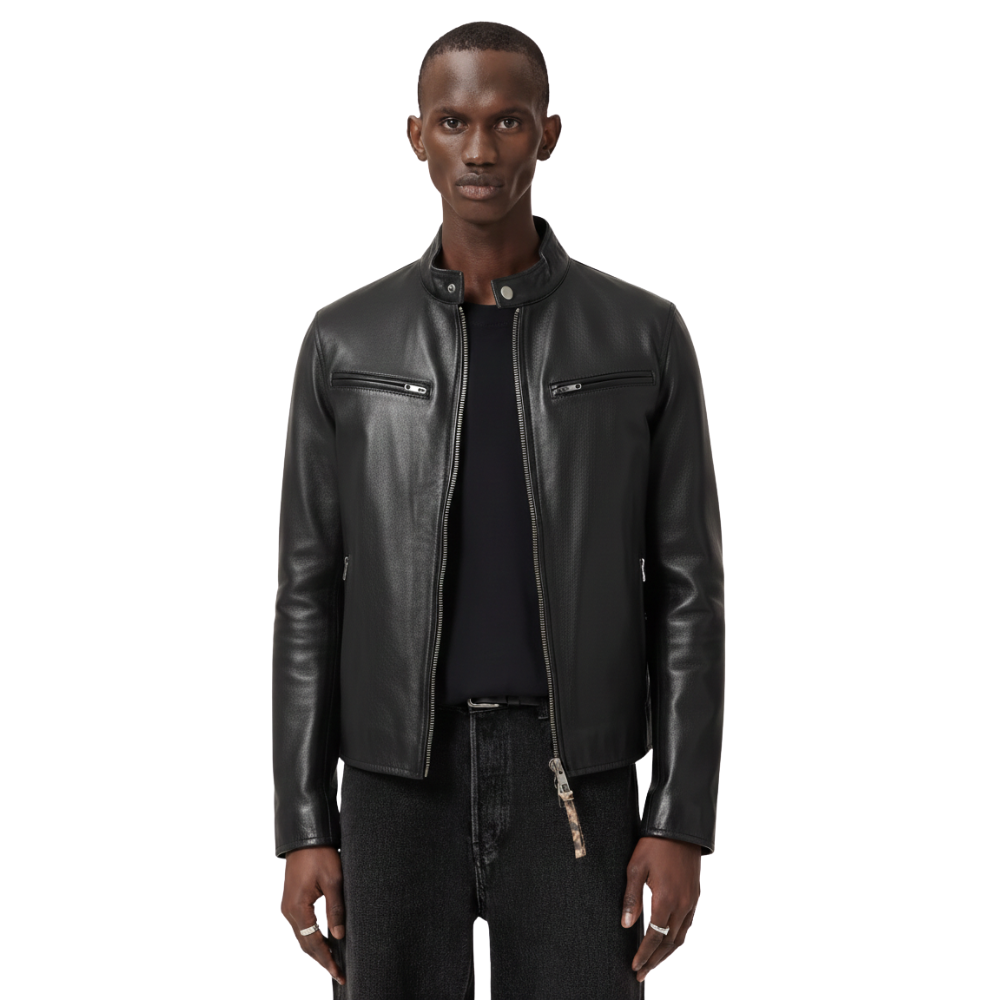 Men's black leather jacket with zippered pockets and stand collar, styled with dark jeans
