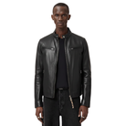 Men's black leather jacket with zippered pockets and stand collar, styled with dark jeans
