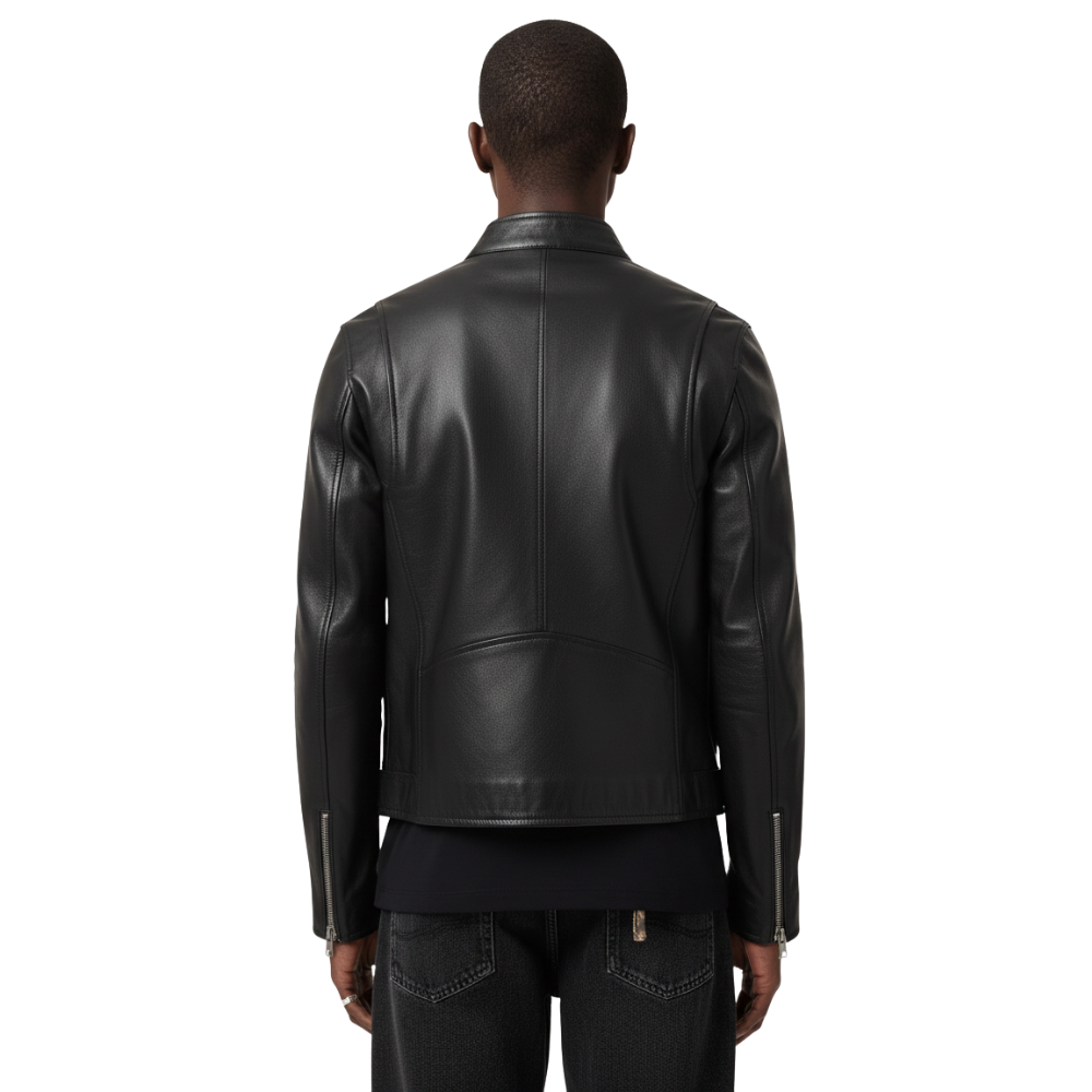 Men's black leather biker jacket with back seam detail and sleeve zippers
