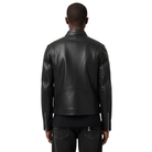 Men's black leather biker jacket with back seam detail and sleeve zippers
