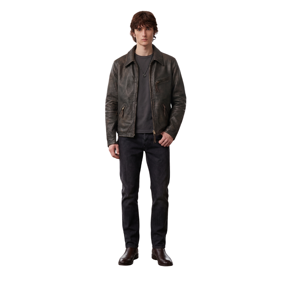 Men's dark brown leather jacket with zipper pockets, paired with black jeans and boots