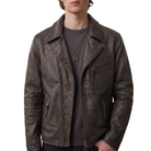 Men's distressed brown leather biker jacket with zipper pockets and lapel collar