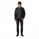 Men's black leather jacket with zipper details, styled with dark jeans and boots for a casual look
