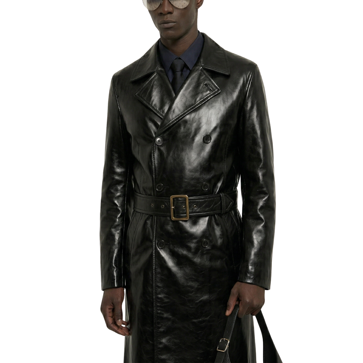 Black leather trench coat with belt, worn over formal shirt and tie, stylish men's outerwear