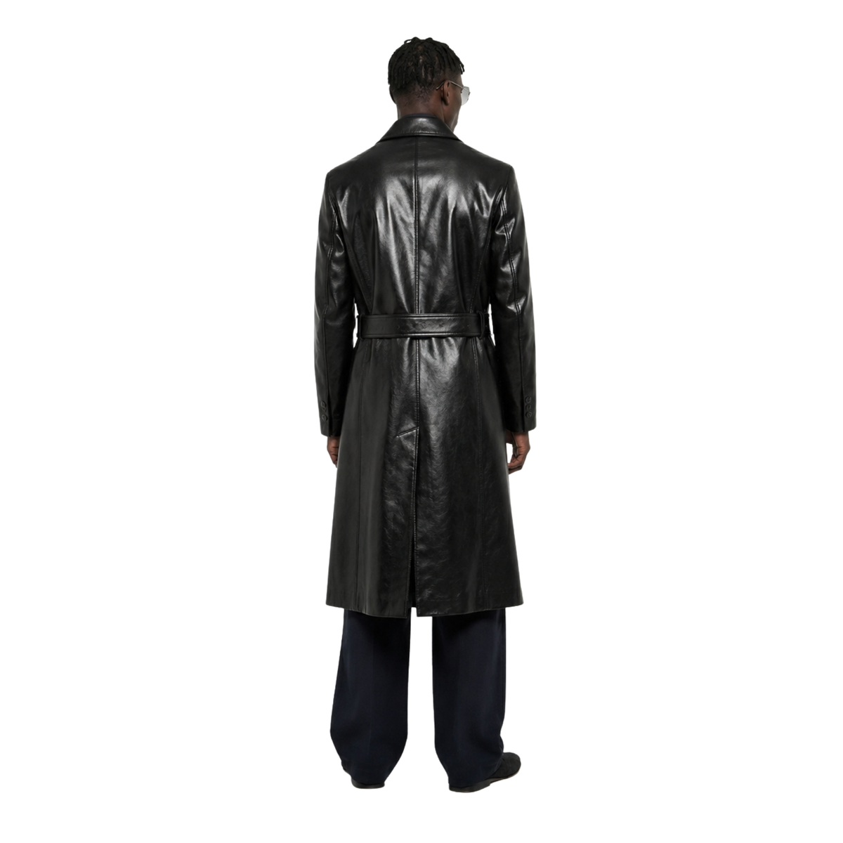 Men's black leather trench coat with belt, back view, stylish outerwear for modern fashion