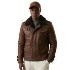 Brown leather aviator jacket with shearling collar, front pockets, and adjustable cuffs for men
