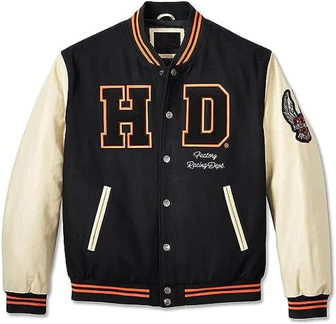 Men’s H-D Anniversary Old School Varsity Jacket | Harley Motorcycle Biker Bomber Fleece Jacket PU Leather Sleeves for Men.