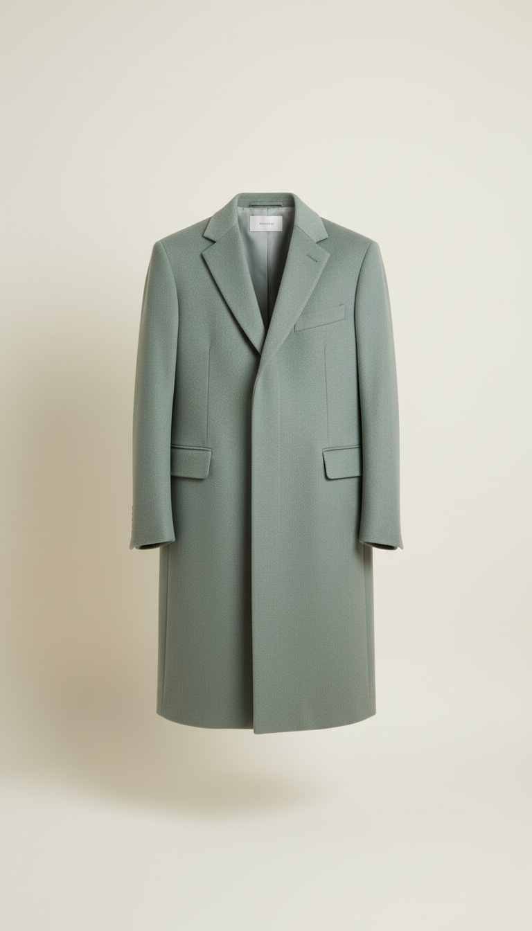 Sage green wool blend coat with notched lapel and flap pockets, minimalist design for women