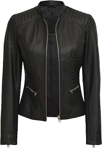Jorde Calf Women’s Cafe Racer Stand Collar Leather Jacket | Slim Fit Motorcycle Biker Lambskin Leather Jacket For Women.