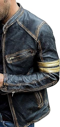 Jorde Calf Men's Retro Vintage Cafe Racer Leather Jacket | Golden Stripes Motorcycle Distressed Leather Jacket For Men.