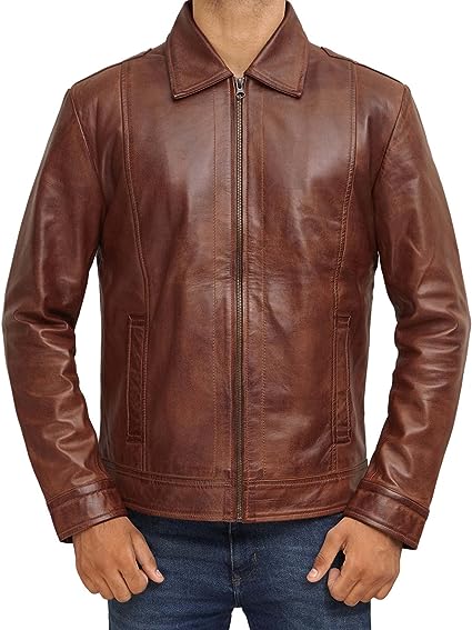 Jorde Calf Men’s Brown Casual Vintage Leather Jacket | Distressed Classic Motorcycle Biker Style Lambskin Leather Jacket