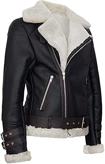 Jorde Calf Women’s Black Fur Collar Leather Jacket | Real Lambskin Zip Up Belted Aviator Leather Jacket For Women
