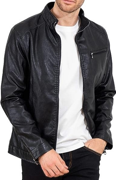 Jorde Calf Men’s Black Slim Fit Stand Up Collar Leather Jacket | Classic Motorcycle Biker Genuine Leather Jacket For Men.