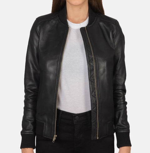 Jorde Calf Women’s Black Slim Fit Bomber Leather Jacket | Casual Zip Up Real Lambskin Genuine Leather Jacket For Women