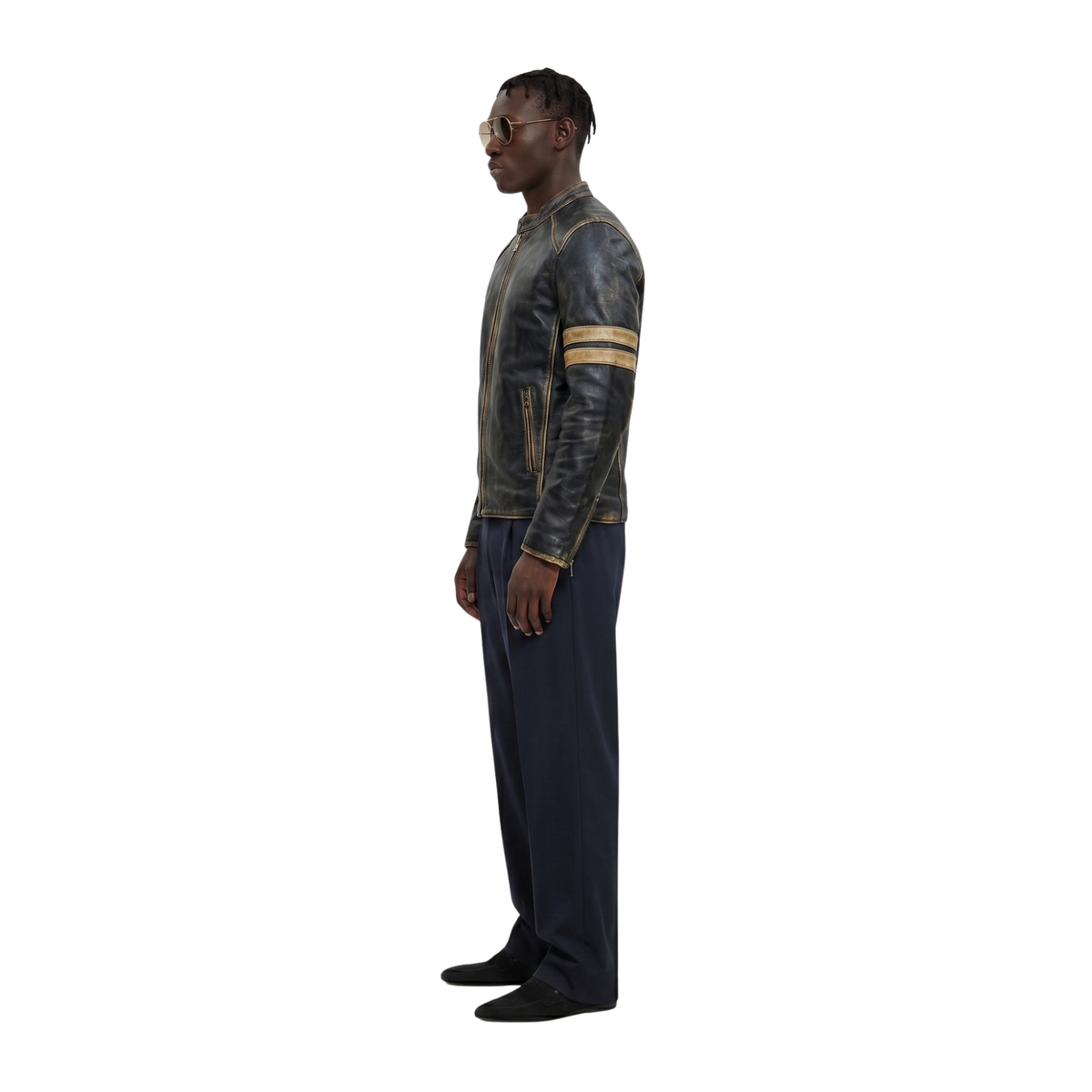 Men's vintage-style leather jacket with contrast stripes, worn with navy trousers and sunglasses
