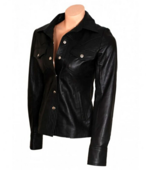 Jorde Calf Women’s Trucker Vintage Leather Jacket | Genuine Lambskin Shirt Style Collar Leather Jacket For Women