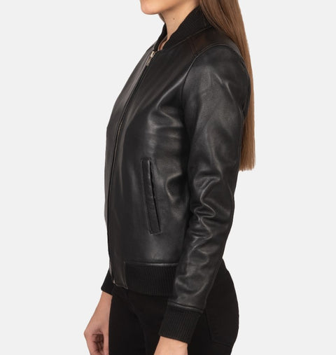 Jorde Calf Women’s Black Slim Fit Bomber Leather Jacket | Casual Zip Up Real Lambskin Genuine Leather Jacket For Women