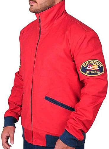 Jorde Calf Men’s Baywatch Red David Hasselhoff Jacket | Life Guard Beach Style Red Cotton Bomber Jacket For Men.
