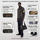 Men's distressed leather biker jacket with woven armband, pebbled hobo bag, aviator sunglasses, tailored trousers & loafers
