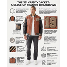 Men's '19' varsity jacket with brown leather body, black sleeves, and custom chest patch, featuring snap buttons and ribbed trim.