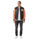 Men's black and tan varsity leather jacket with number 19, ribbed cuffs, and embroidered details