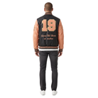 Men's varsity jacket with '19 Same Old Shore' back print, black body, peach sleeves, striped cuffs