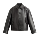 Black leather jacket with button front and flap pockets, sleek modern design