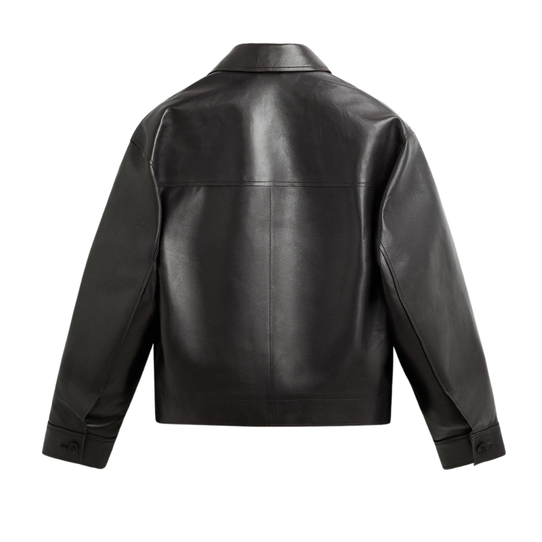 Black leather jacket back view, sleek design with collar and button cuffs