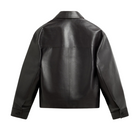 Black leather jacket back view, sleek design with collar and button cuffs