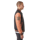 Men's black and tan varsity jacket with number 19 on sleeve, ribbed collar and cuffs