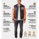 Men's varsity jacket with genuine leather body, contrasting sleeves, snap-button closure, and '19' chenille patch.