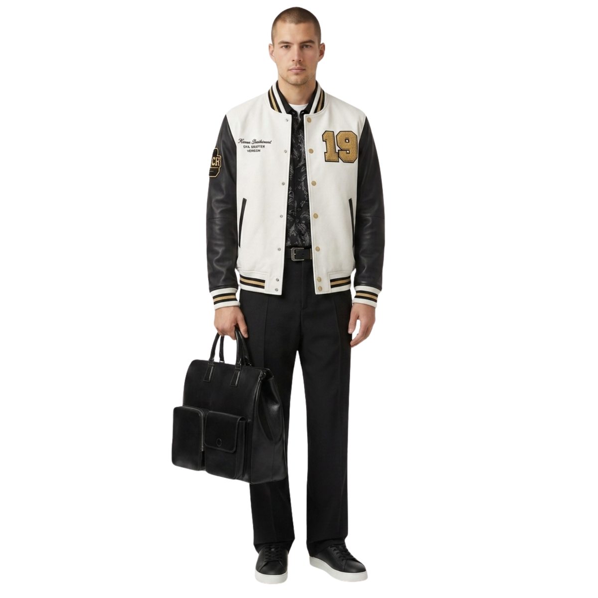 Men's varsity jacket with leather sleeves, gold number 19, and black pants, holding a sleek black briefcase