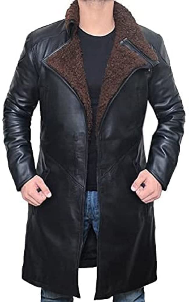 Jorde Calf Men's Blade Runner 2049 Ryan Gosling Long Black Coat-Officer K Jacket Trench Coat-Men's Lambskin Leather Coat-Black Long Coat