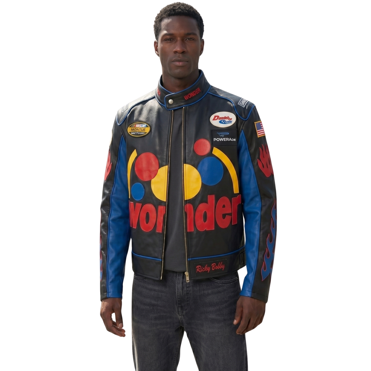 Men's black and blue leather racing jacket with Wonder Bread logo, flame details, and NASCAR patches