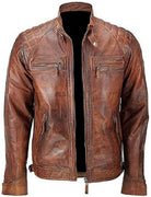 Jorde Calf Men’s Quilted Zip Casual Fitted Tan Brown Soft Real Leather Biker Jacket | Vintage Zipped Smart Casual Biker Style Jacket