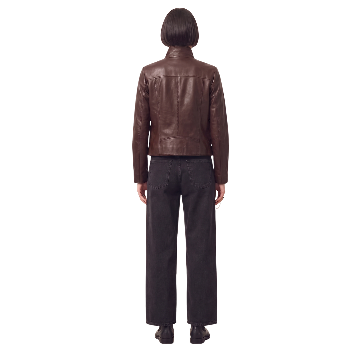 Brown leather jacket with black wide-leg jeans, back view