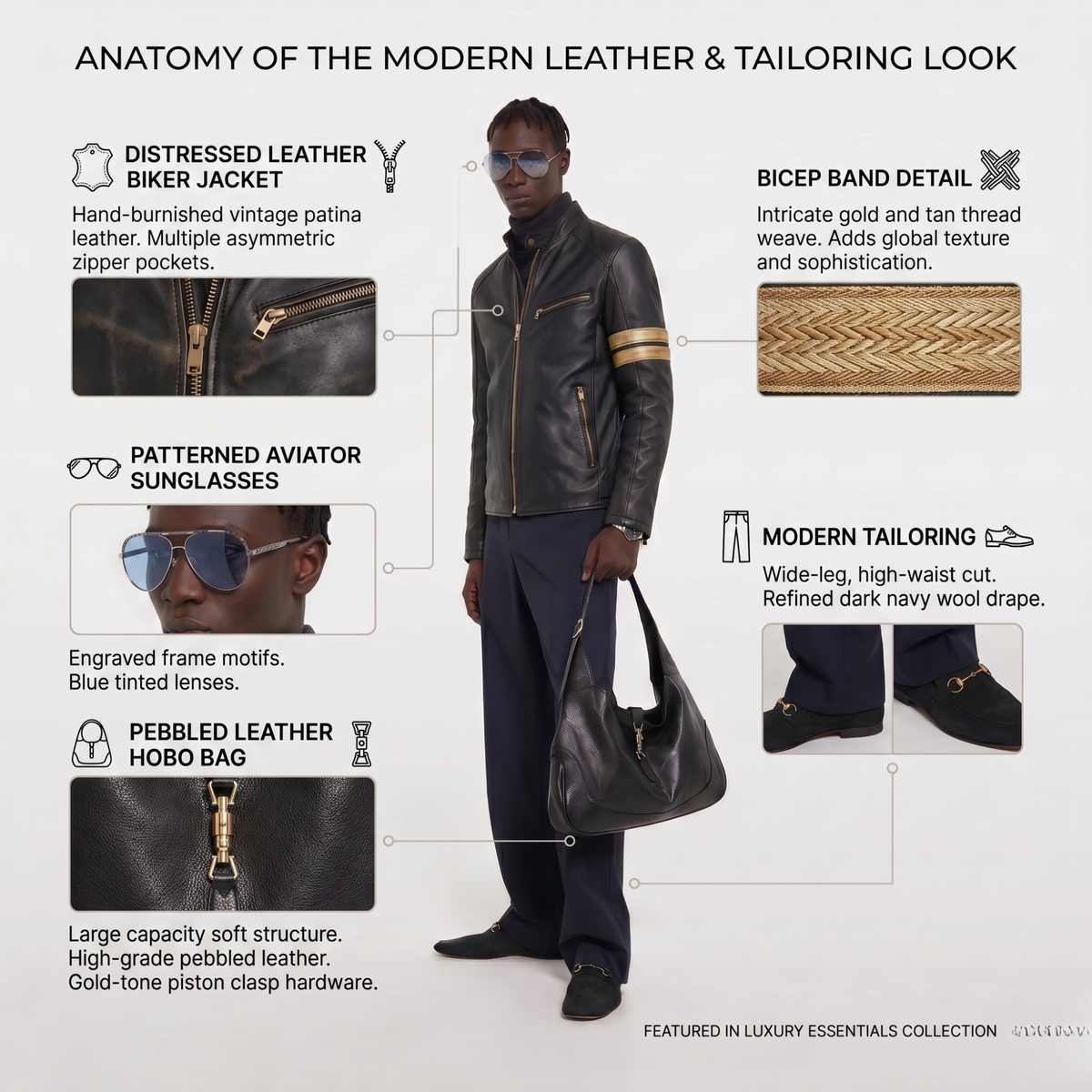 Modern leather biker jacket with distressed finish, aviator sunglasses, pebbled hobo bag, and tailored navy trousers