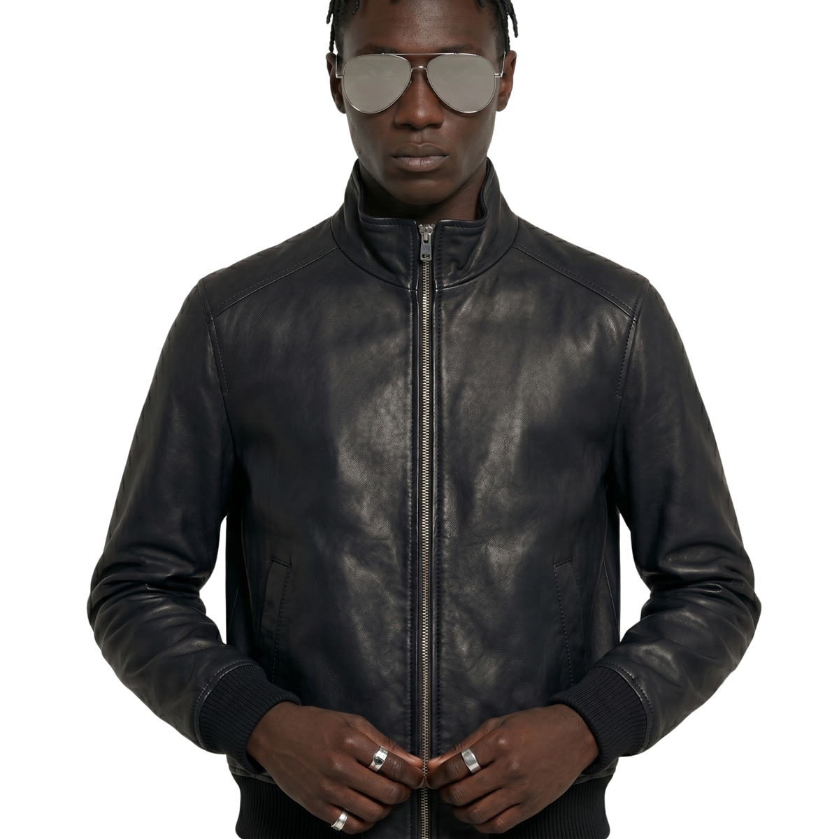 Men's black leather bomber jacket with zipper and ribbed cuffs