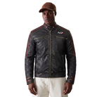 Black leather jacket with N7 logo, red accents, and zipped pockets, paired with beige pants and a brown cap
